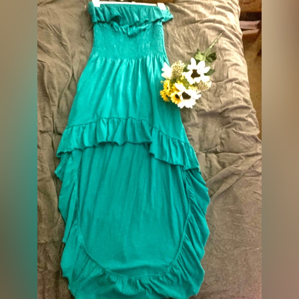 Teal strapless dress high/low,size small